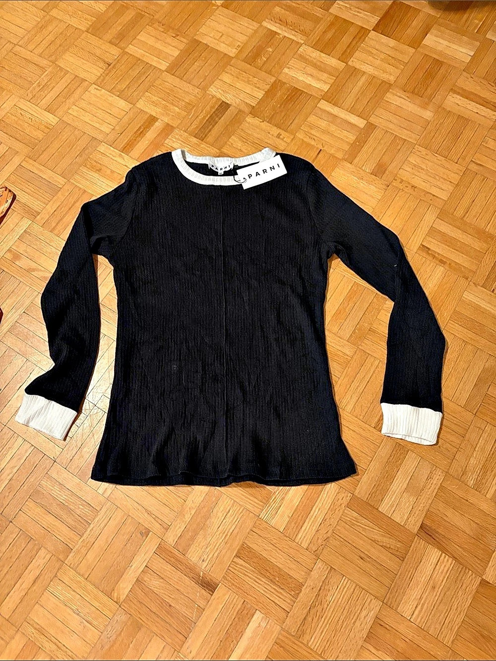 Parni PA T6S1 Ribbed Long Sleeve Top in Black & White XL NWT